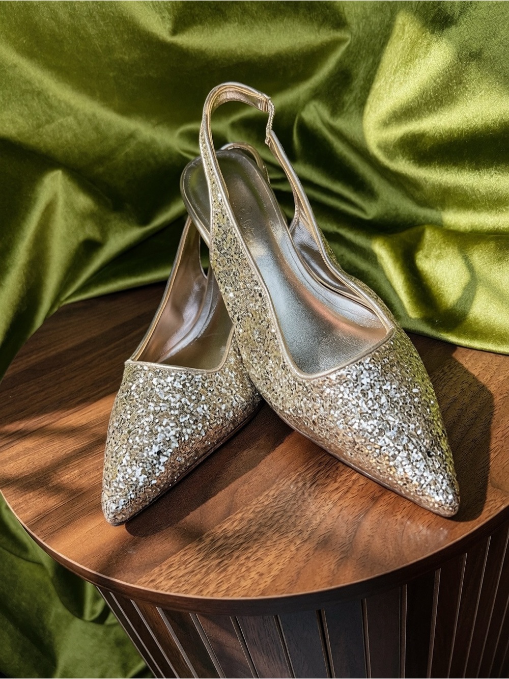 ✨Lilly Pulitzer Shaina Gold Glitter Slingback Kitten Heel Pumps – Size 6.5